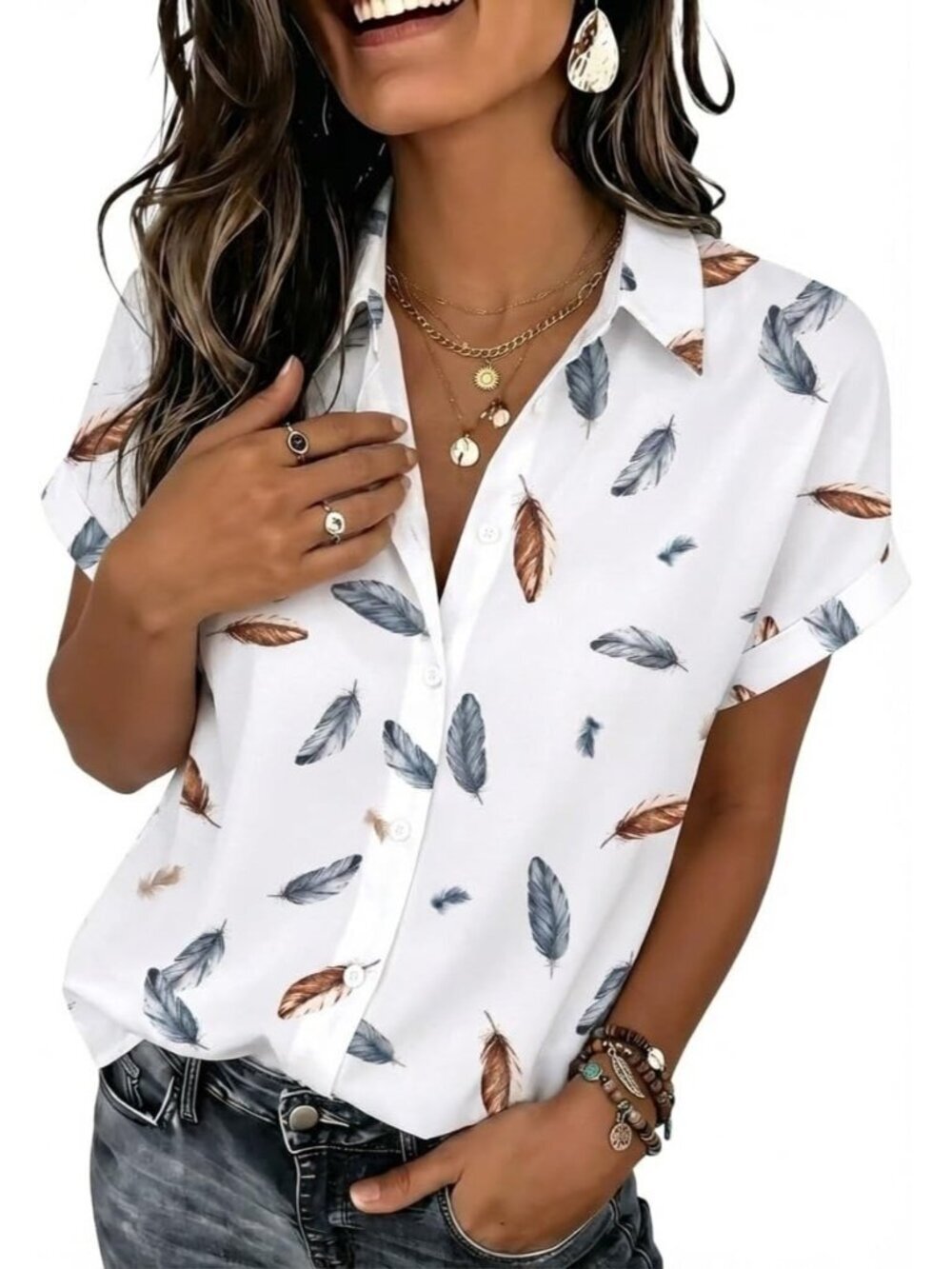 Women's Feathers White Short Sleeve V-neck Button Down Imported Casual Shirts